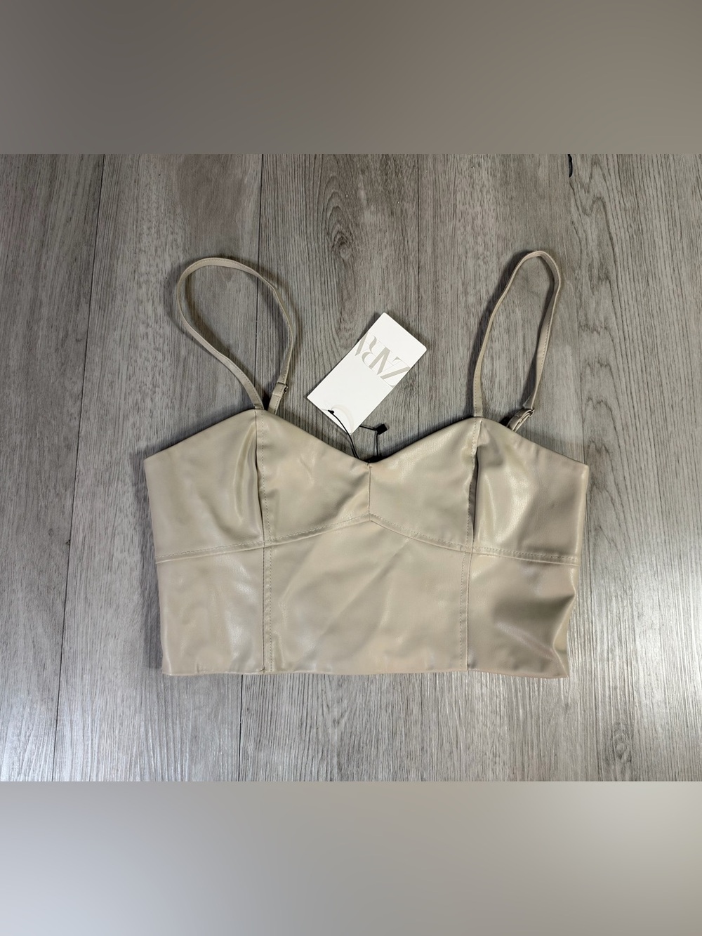 ZARA Beige Faux Leather Solid Bustier Corset Top Adjustable Strap Size M NWT